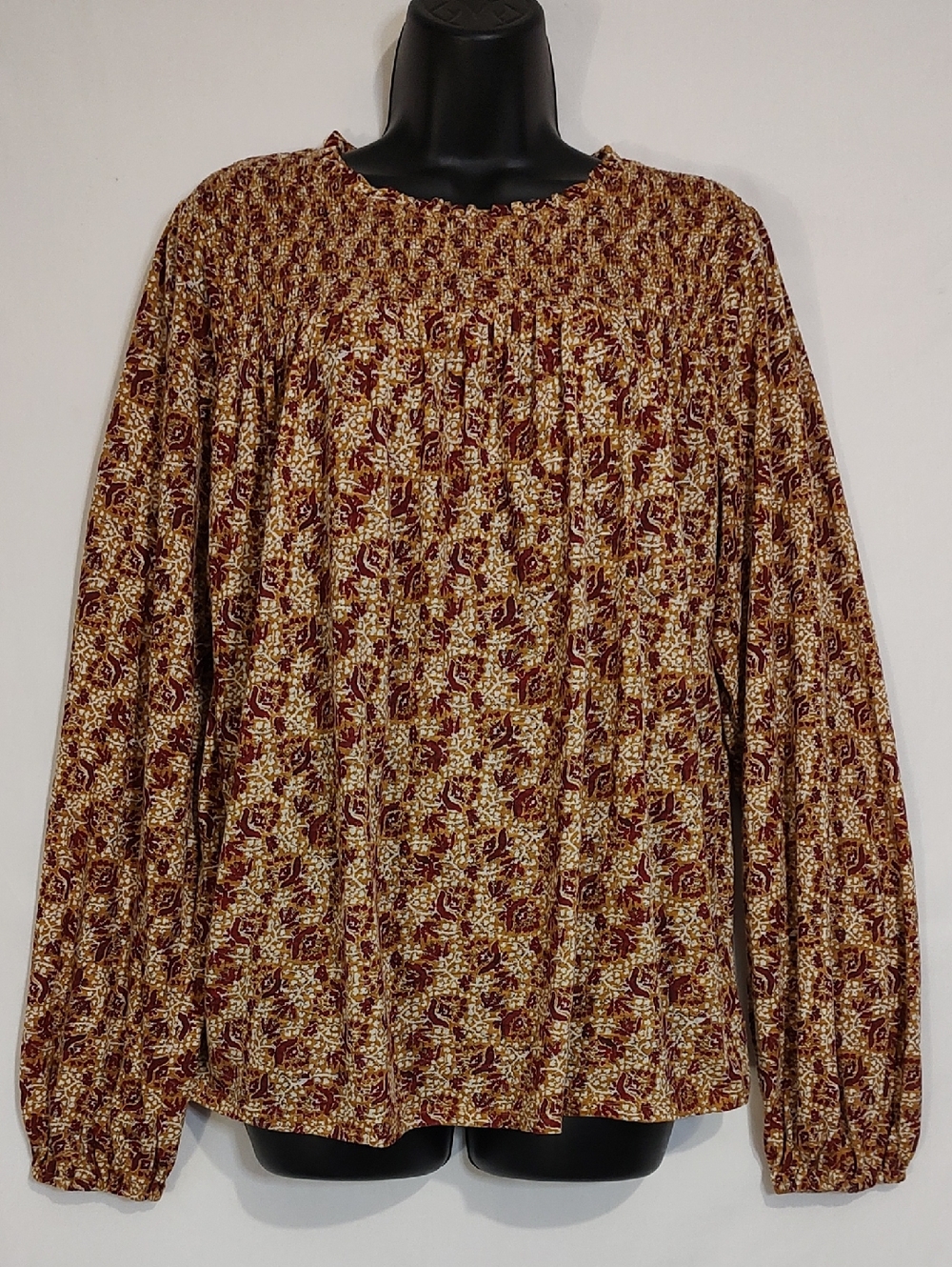 Wonderly Burgundy and Cream Smocked Floral Blouse